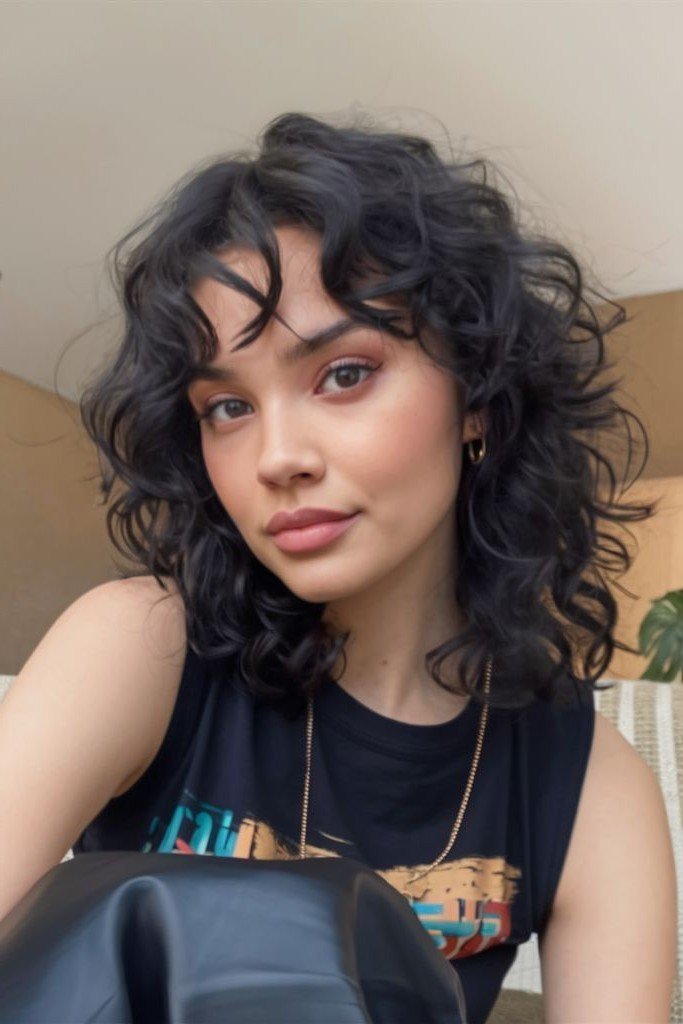 Dark Tousled Shaggy Bob with Curly Bangs