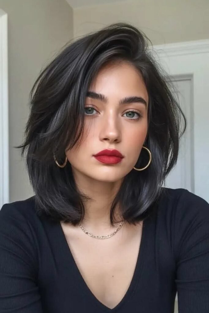 Deep Brunette Textured Bob with Side-Swept Volume