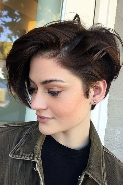 Deep Espresso Side-Swept Pixie Cut with Long Crown Volume