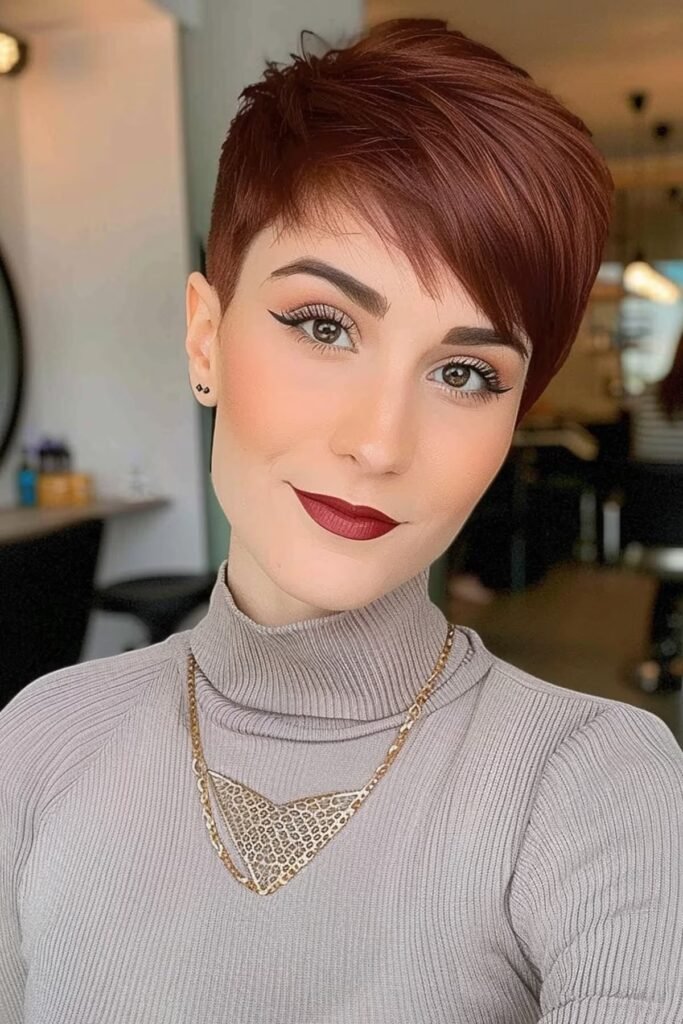 Deep Red Pixie with Side-Swept Bangs