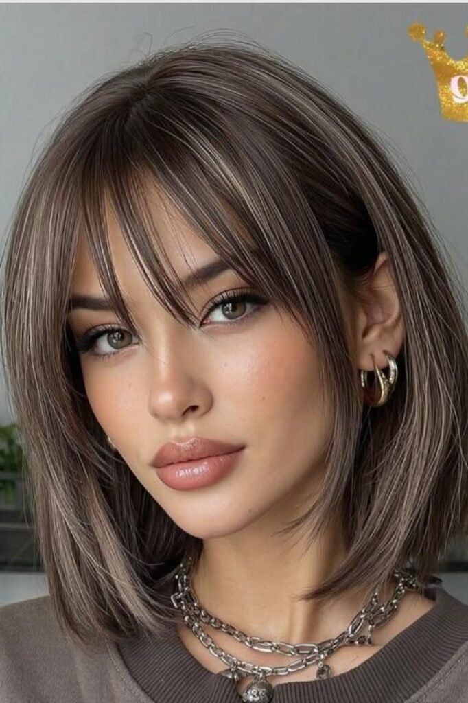 Dimensional Ash Brown Bob with Curtain Bangs