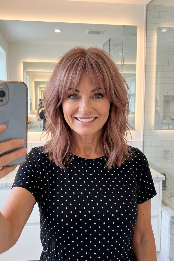 Dusty Rose Layered Shag with Textured Bangs