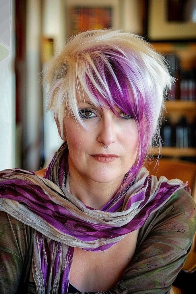 Edgy Pixie Cut with Purple and Blonde Highlights