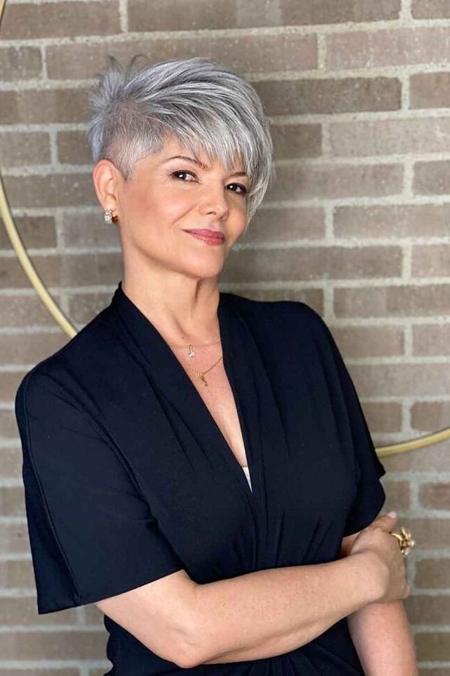 Edgy Silver Undercut Pixie with Side-Swept Bangs