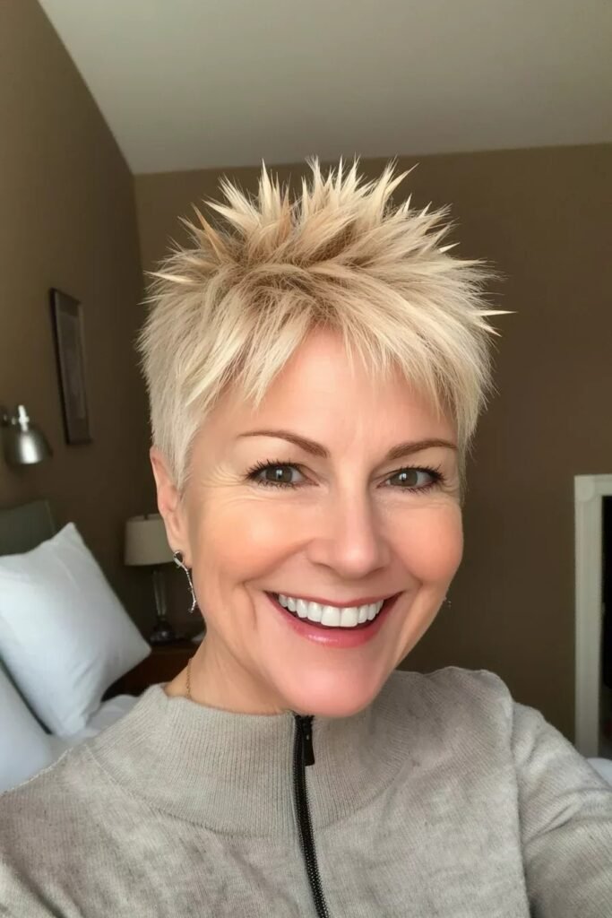 Edgy Spiky Blonde Pixie Cut with Dark Roots