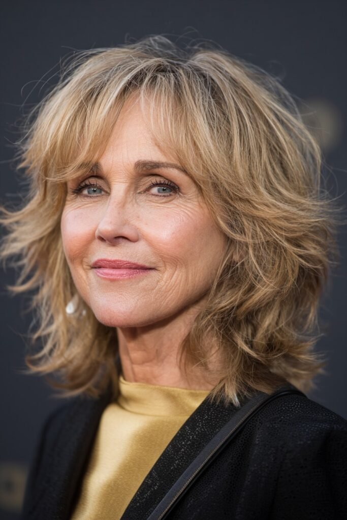 Feathered Blonde Medium Shag with Soft Bangs