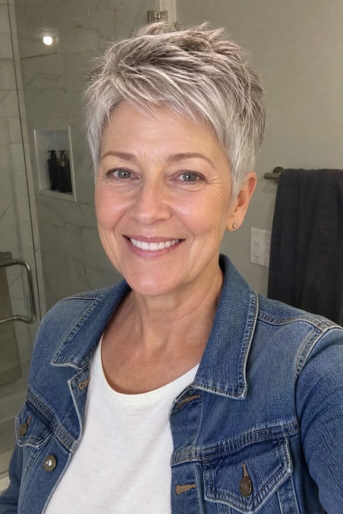 Feathered Silver Spiky Pixie with Layered Bangs
