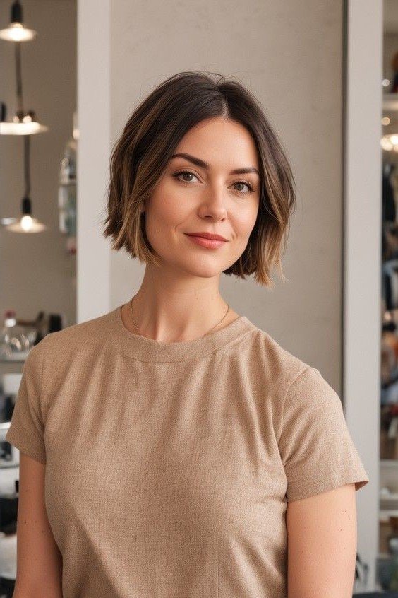 Glossy Brunette Bob with Face-Framing Layers