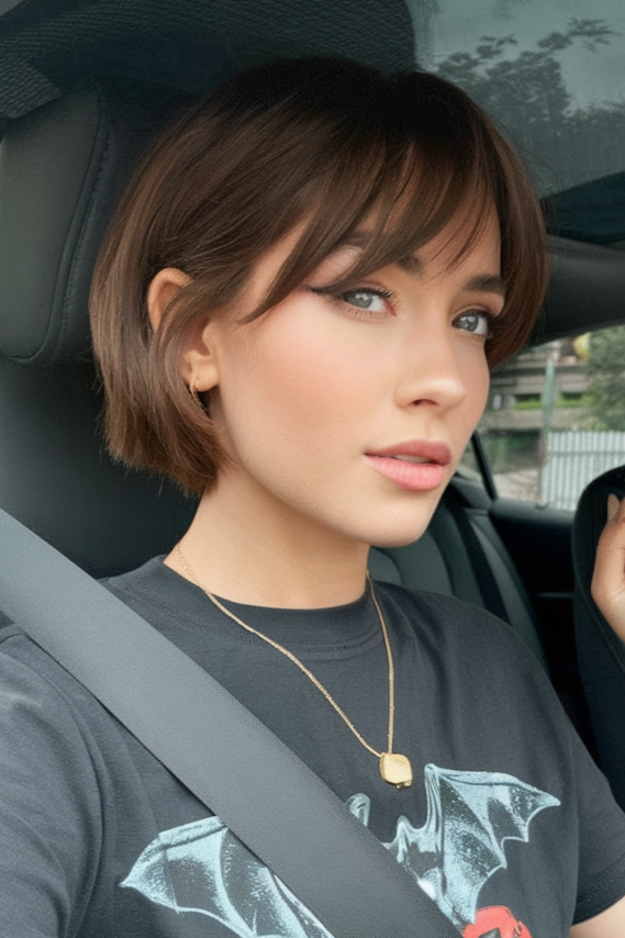 Glossy Brunette Bob with Side-Swept Bangs