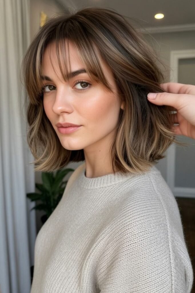 Glossy Caramel-Highlighted Bob with Soft Face-Framing Fringe