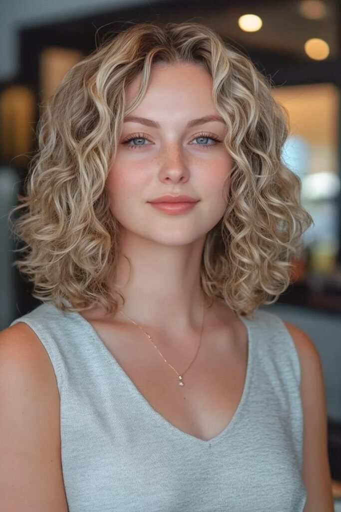 Golden Blonde Curly Bob with Center Parting