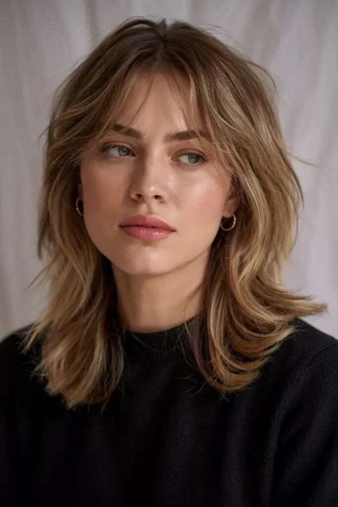 Golden Blonde Layered Hair with Curtain Bangs