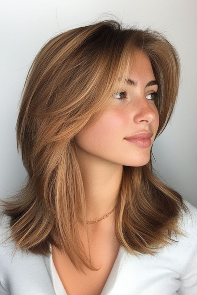Golden Blonde Layered Lob with Pronounced Curtain Bangs