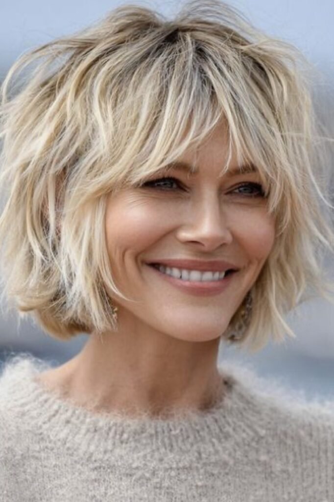 Golden Blonde Layered Shaggy Bob with Wispy Bangs
