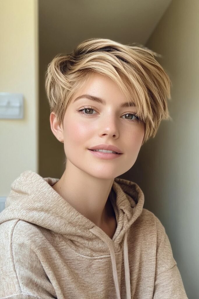 Golden Blonde Textured Crop with Side-Swept Bangs