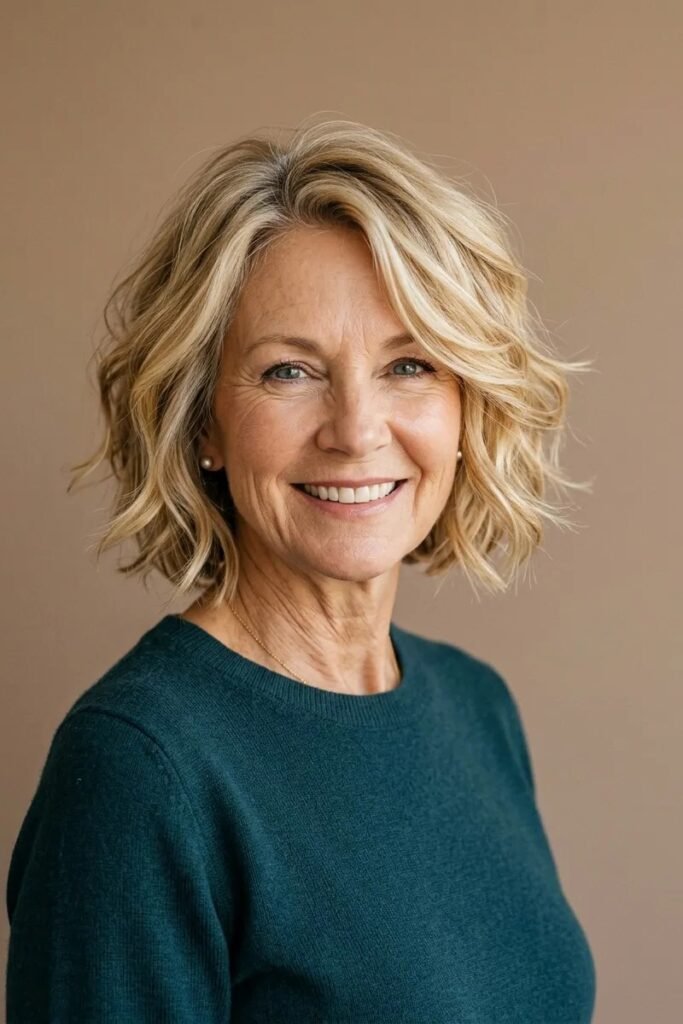 Golden Blonde Wavy Bob with Layered Bangs