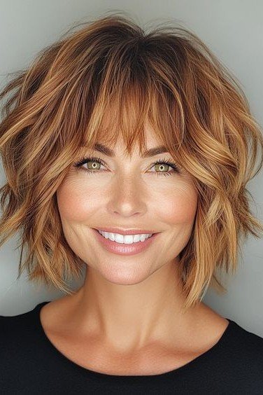 Golden Honey Layered Bob with Textured Curtain Bangs