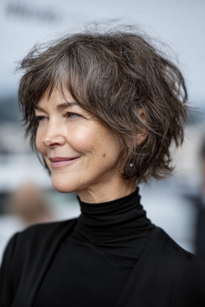Gray Layered Bob with Textured Waves and Bangs