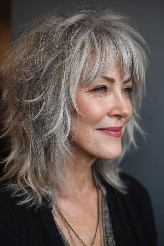Gray Layered Shag with Wispy Bangs