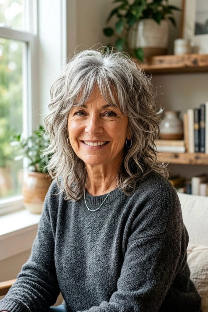 Gray Shaggy Haircut with Soft Layered Waves