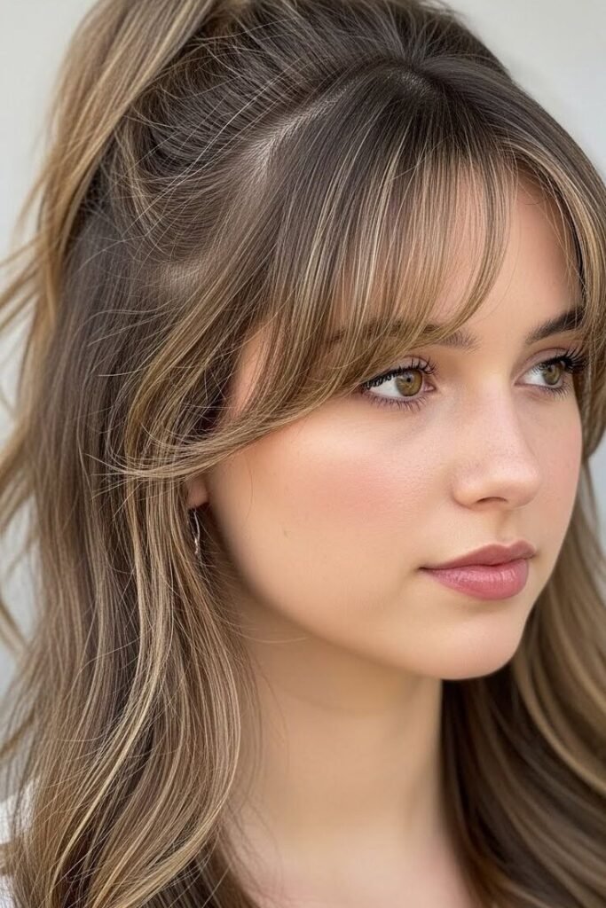 Half-Up Ponytail with Face-Framing Curtain Bangs