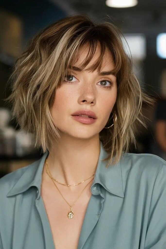 Highlighted Blonde Textured Bob with Soft Curtain Bangs