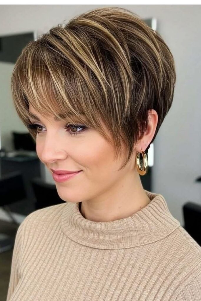 Highlighted Brown Pixie Cut with Piece-y Bangs