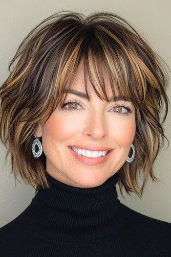 Highlighted Brown Shaggy Bob with Bangs