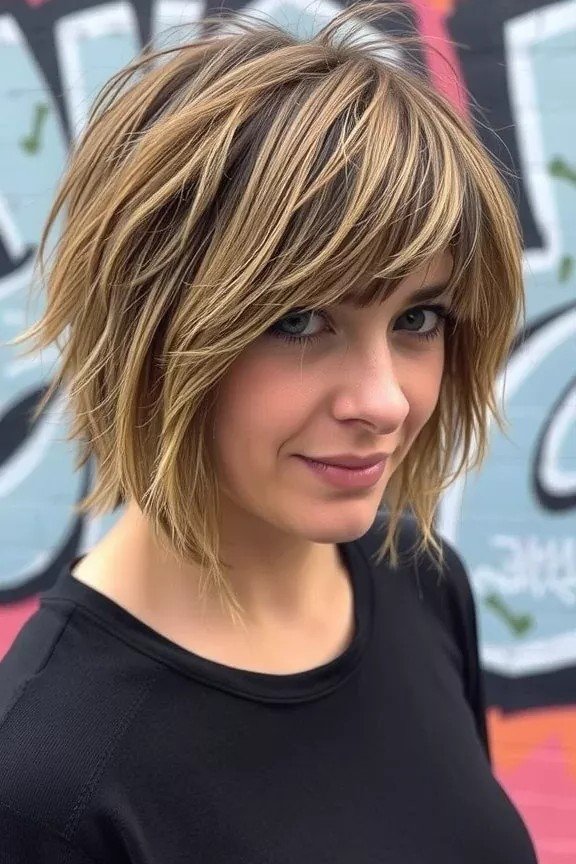 Highlighted Golden-Brown Textured Shaggy Bob