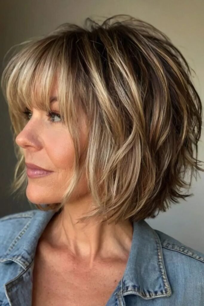 Highlighted Layered Shag Bob with Side Profile and Fringe