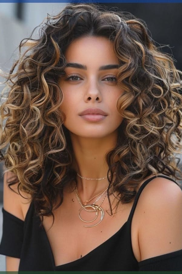 Highlighted Medium-Length Curls with Center Part