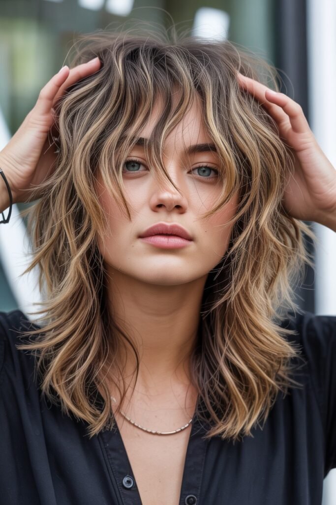 Highlighted Shaggy Layered Hairstyle with Curtain Bangs