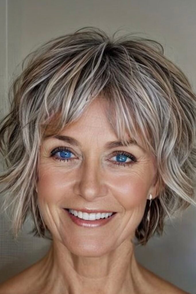 Highlighted Silver Textured Shag with Soft Bangs