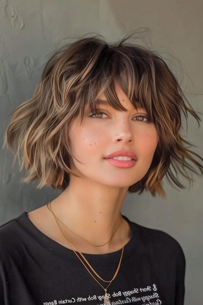Highlighted Textured Shag Bob with Soft Curtain Bangs