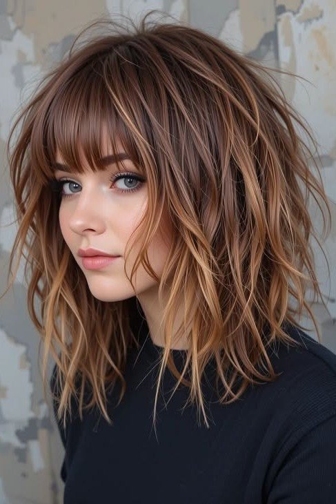 Highly Textured Shaggy Cut with Full Bangs