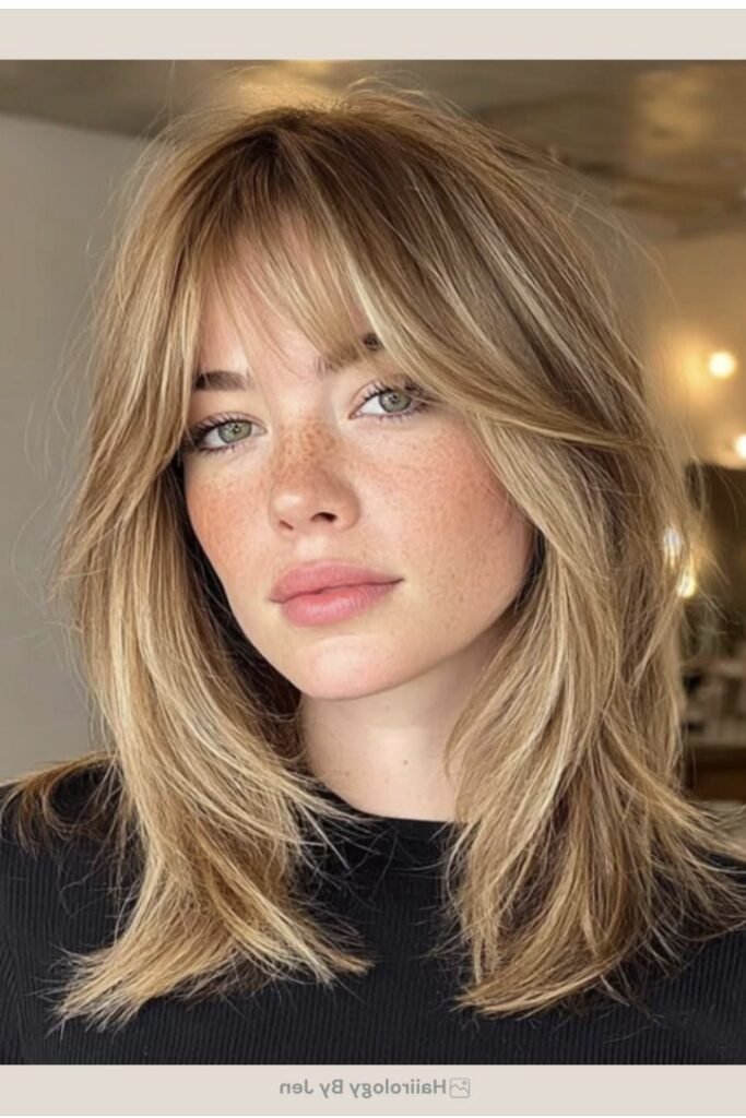 Honey Blonde Layered Cut with Curtain Bangs