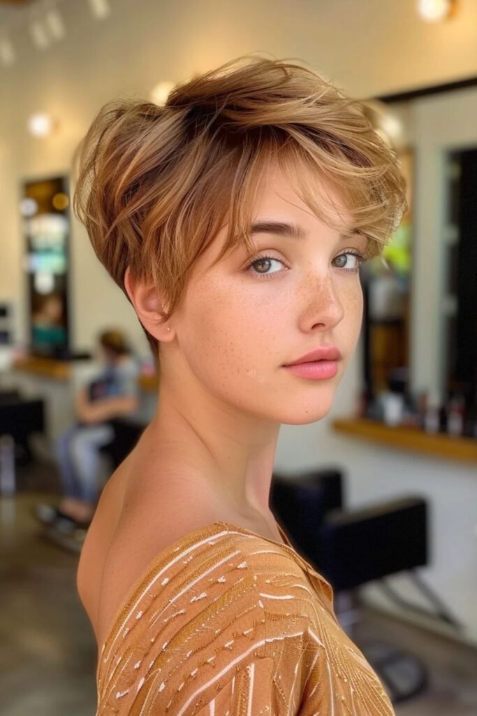 Honey Blonde Pixie Cut with Soft Wispy Fringe