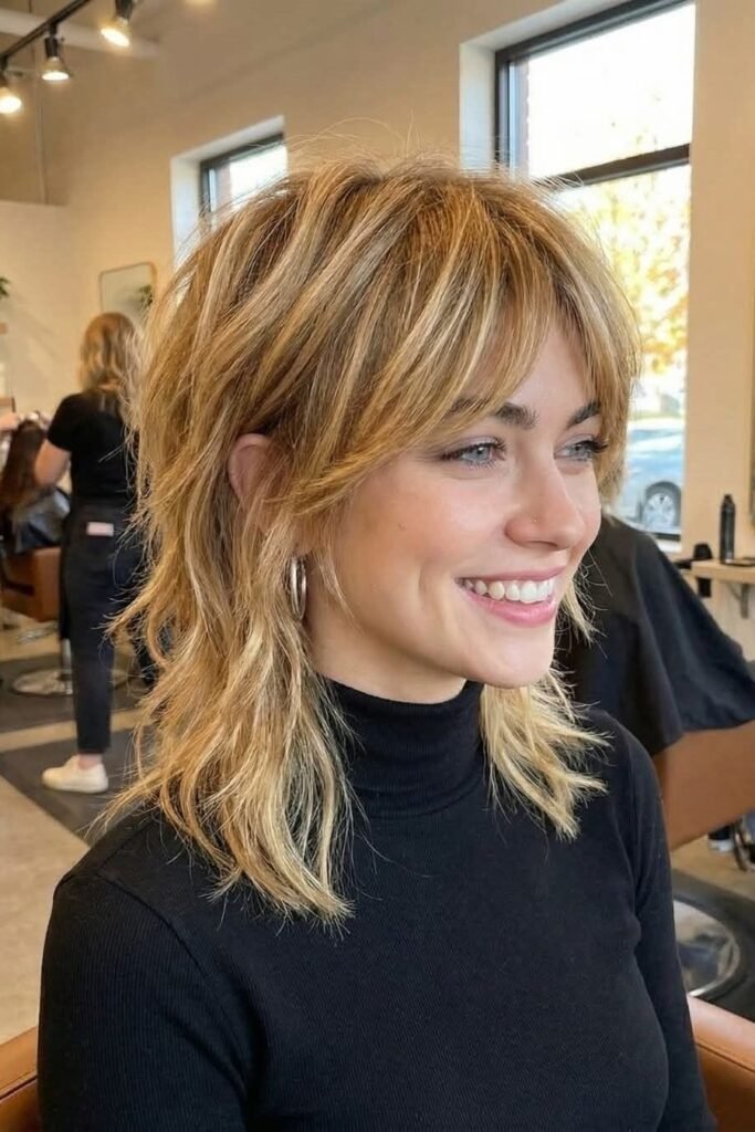 Honey Blonde Shag Haircut with Curtain Bangs