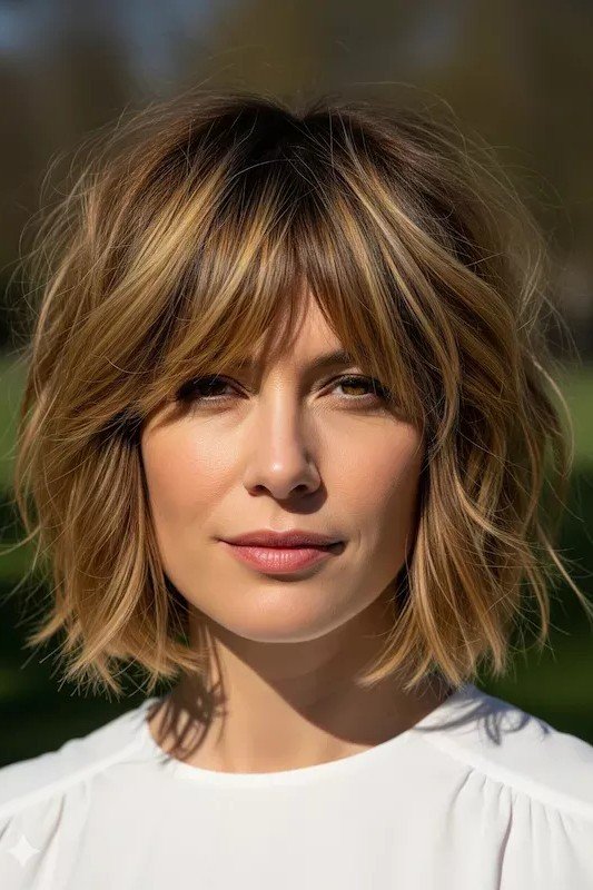 Honey Blonde Shaggy Bob with Curtain Bangs