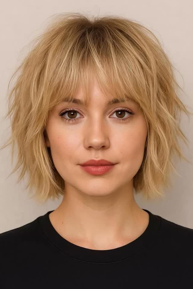 Honey Blonde Shaggy Bob with Soft Textured Bangs