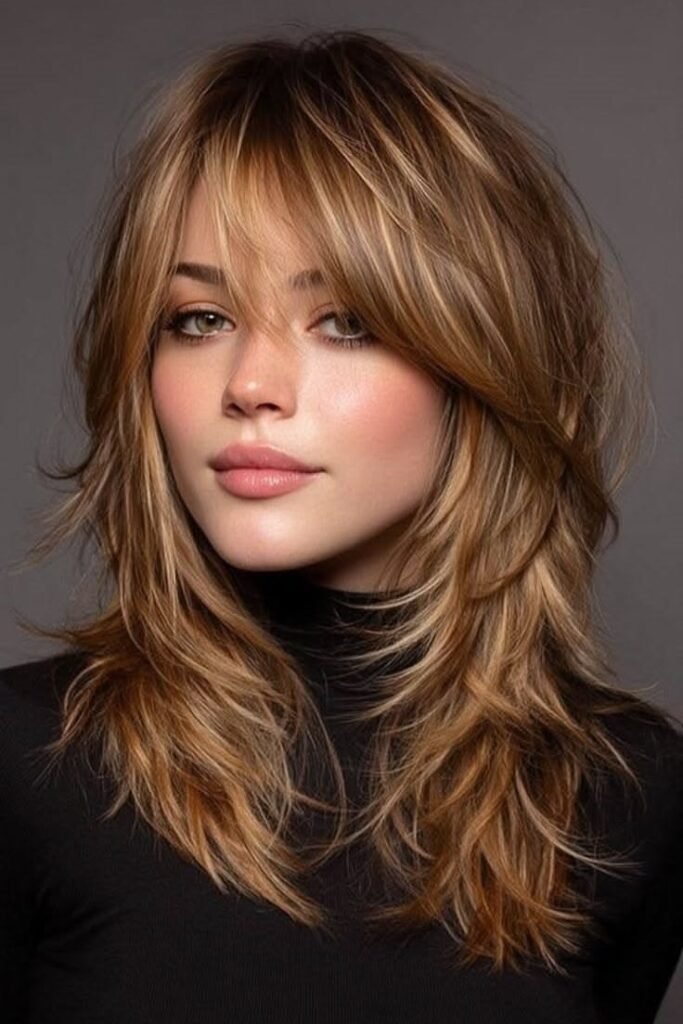 Honey Blonde Shaggy Layers with Voluminous Bangs