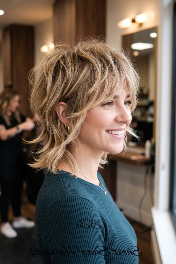 Honey Blonde Textured Shag with Side-Swept Layers
