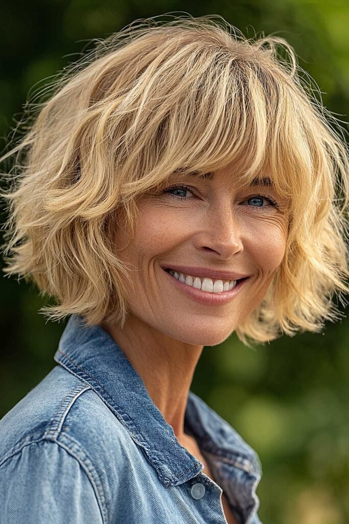 Honey Blonde Tousled Bob with Curtain Bangs