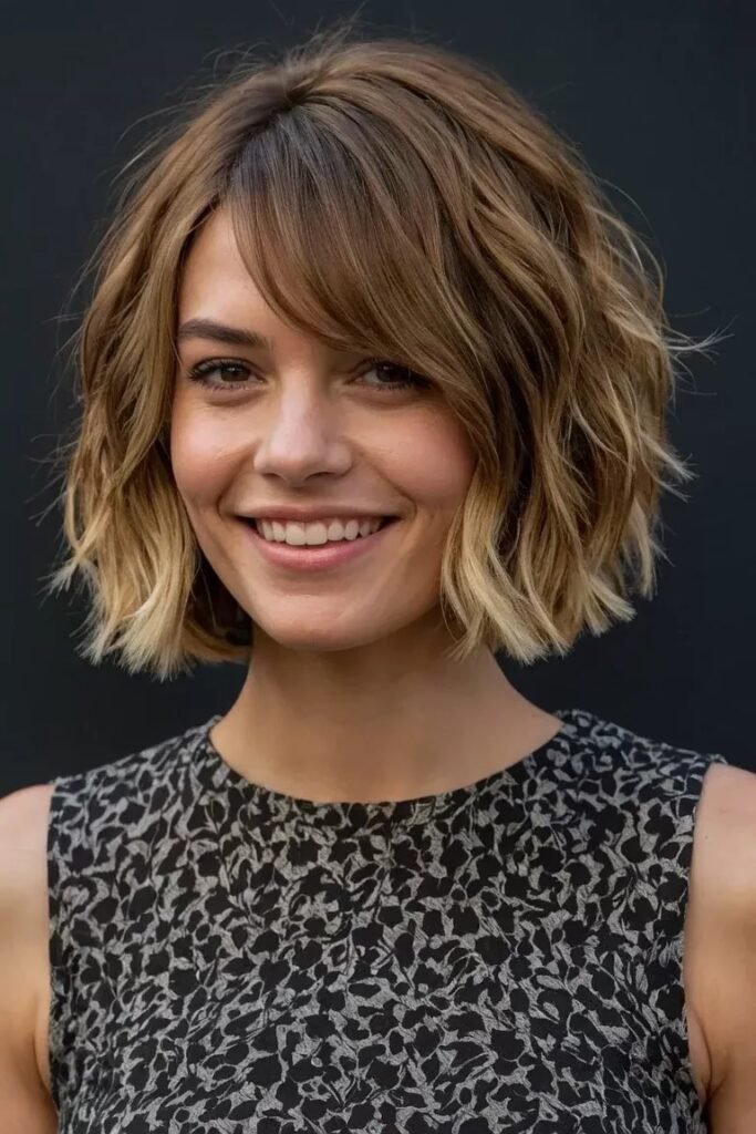 Honey Blonde Wavy Bob with Side-Swept Bangs
