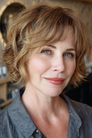 Honey Blonde Wavy Bob with Side-Swept Bangs