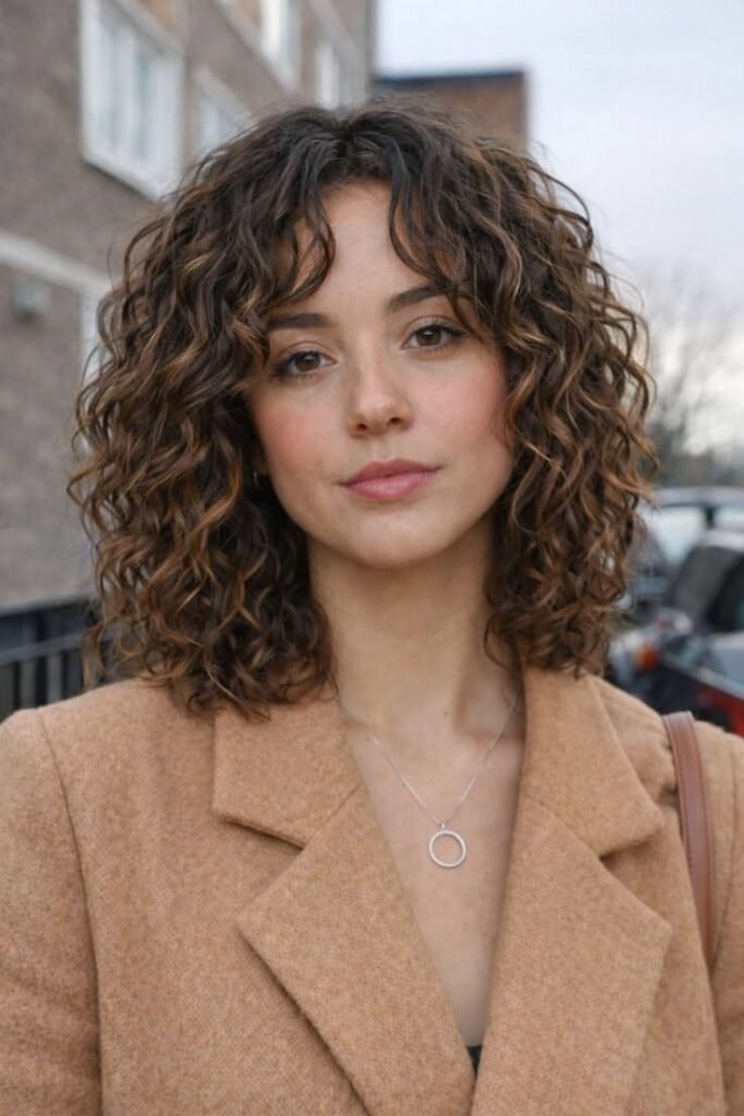 Honey-Highlighted Curly Shag with Curtain Bangs