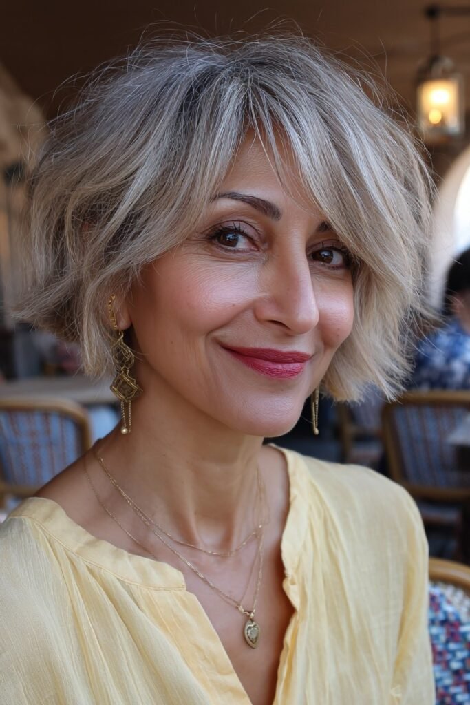 Layered Ash Blonde Bob with Side-Swept Bangs