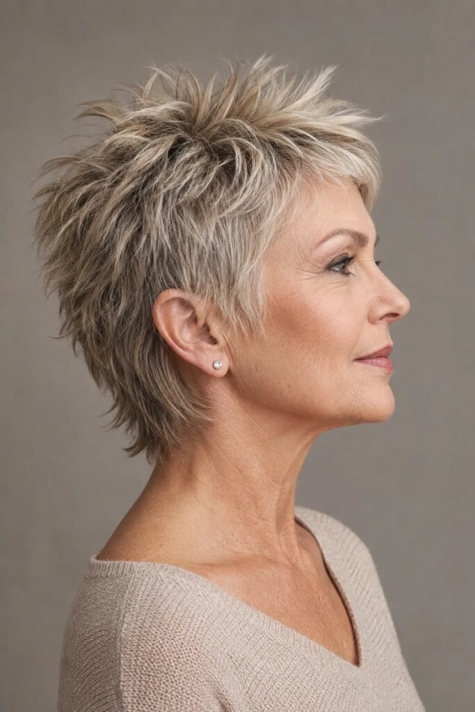 Layered Ash Blonde Pixie Cut with Spiky Styling