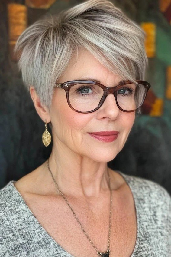 Layered Ash Blonde Pixie with Side-Swept Bangs