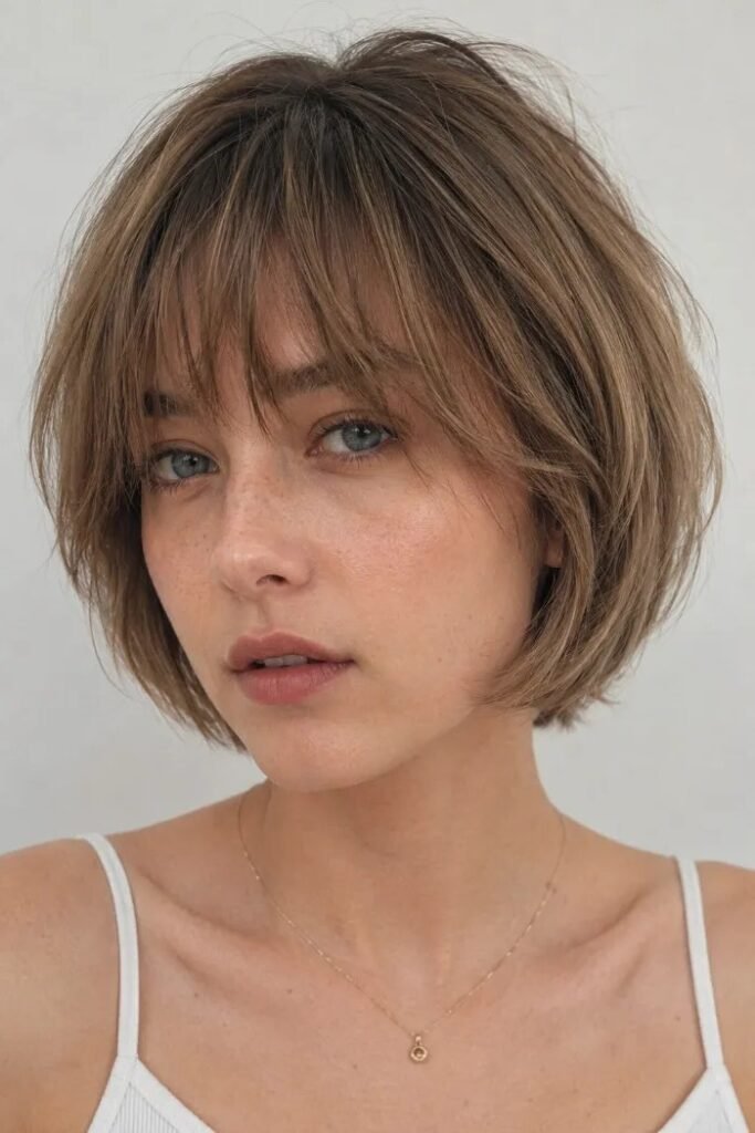 Layered Ash Brown Bob with Soft Texturized Bangs